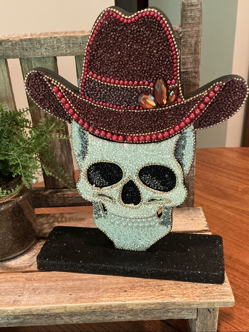 Beaded Skeleton Face with Cowboy Hat Halloween Tabletop Decor